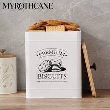 Myrothcane 1pc Vintage White Metal Biscuit Tin With Bamboo Lid, Large Square Cookie Storage Canister, Airtight Snack Container For Cookies, Candy, Nuts, Tea, Kitchen Pantry Organizer, Retro Printed Food Storage Jar For Home Baking - White - View 7