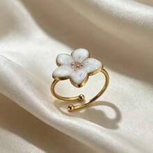 1 قطعة خاتم مفتوح صغير لطيف مزين بزهور لامعة بتأثير قطرات الزيت من الفولاذ المقاوم للصدأ مطلي بالذهب للنساء، مناسب للارتداء اليومي والمواعدة والتسوق - كما هو موضح في الصورة - مشاهدة 5