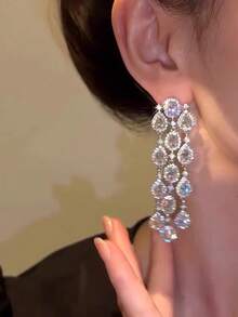1 Pair Elegant Cubic Zirconia Long Tassel Teardrop Earrings For Women, Suitable For Wedding And Party - Silver - View 4