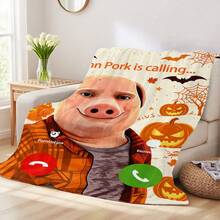 「John Pork Is Calling」法蘭絨毛毯－可愛豬圖案萬聖節毛毯 - 白色 - 查看 6