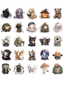 TOM AND JERRY. 50pcs Watercolor Gothic Style Halloween Cute Monster Waterproof Stickers, Ghost Bat Pumpkin Witch Doll Dragon Pattern Stickers, Suitable For Water Bottle Notebook Planner Luggage Phone Case - Multicolor - View 8