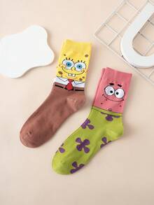 SpongeBob SquarePants 2 Pairs SquarePants Series Expression Contrast Color Pattern Personalized Funny Men's Mid-Calf Socks, Couple Style - Multicolor - View 2