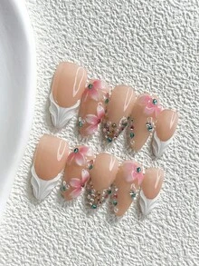 10Pcs Sweet Style Handmade Press On Nail,Polygel Nail Set,Features Hand Painted Floral And Rhinestone Elements,White And Pink Nail Polish,Elegant Style,Includes Nail Tools,3 Sizes Available,Almond,Duck,Coffin Nails For Party,Dance,Daily Wear. - 彩色 - 查看 12