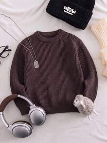 Enfärgad vertikalt ribbad tröja med rund hals för stora pojkar, lös tjockstickad pullover, höst/vinter - Brun - Visa 3