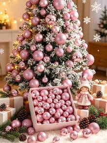44pcs Pink Christmas Ball Ornament Set With Hanging Rope And Pink Bows, Suitable For Christmas Tree, Holiday, Wedding Party, Home Decor, Shatterproof Shiny Holiday Hanging Decorations - Pink - View 1