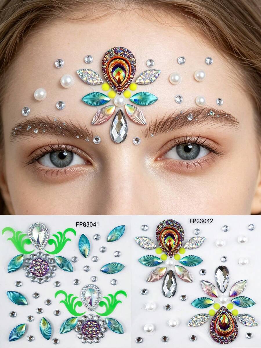 2pcs Floral & Leaf Face Rhinestone Sticker Set, Fluorescent Vine & Gold Glitter Rhinestone Mix, Suitable For Daily Commute, Student Campus, Beach Picnic, Light Fairy Makeup