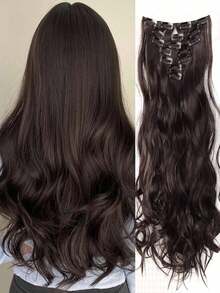 18-30 Inch Long Wavy Clip-In Hair Extensions, 7pcs/Set, Thickened Hair Pieces, Invisible Clip Design, Soft Synthetic Fiber, Black, For Women - Black Brown - View 2