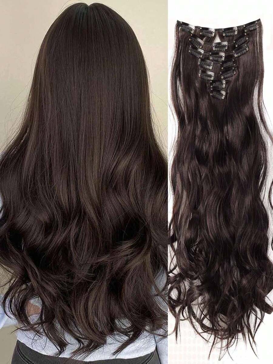 18-30 Inch Long Wavy Clip-In Hair Extensions, 7pcs/Set, Thickened Hair Pieces, Invisible Clip Design, Soft Synthetic Fiber, Black, For Women
