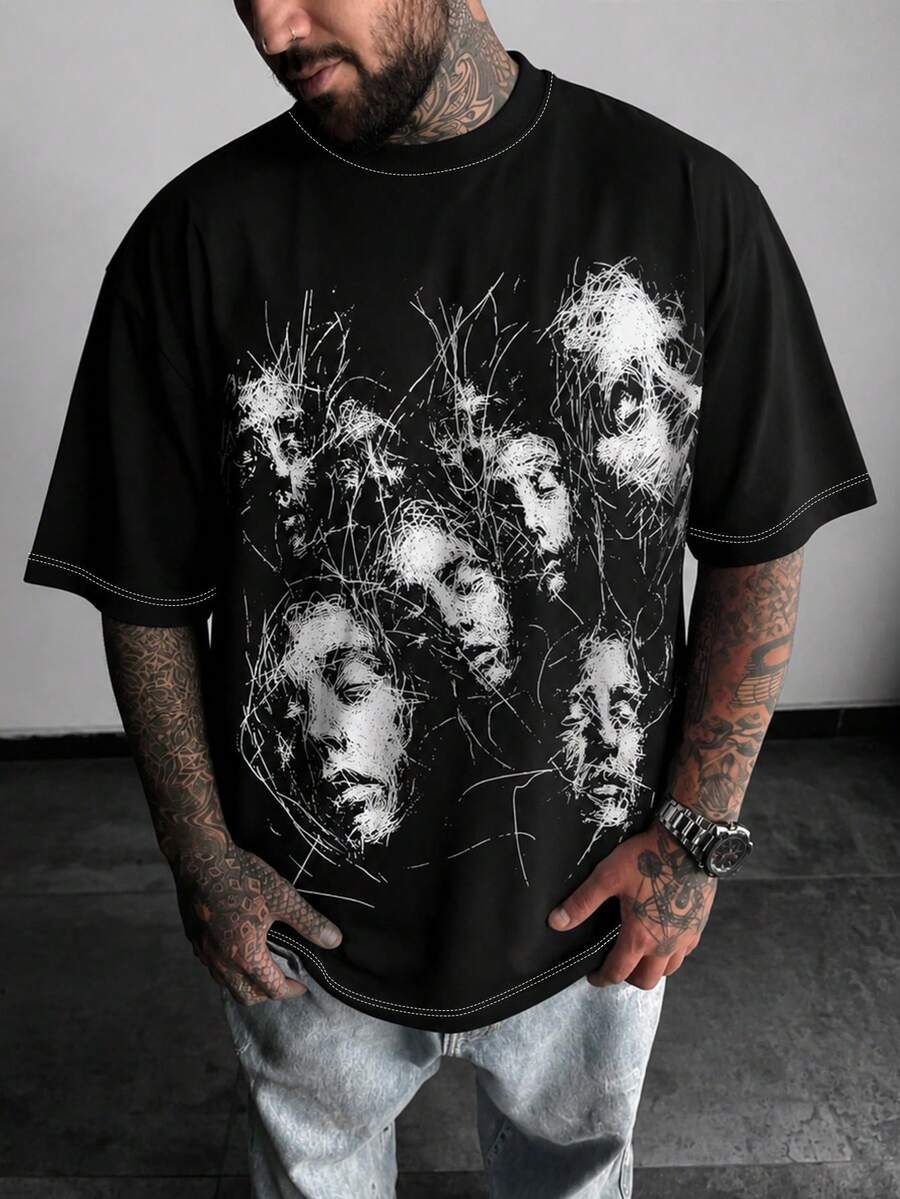 Krometka Men's Vintage Punk Abstract Sketch Line Graffiti Distorted Face Full Print Loose Streetwear T-Shirt, Hip Hop Dark Dirty Art Street Style Black Short Sleeve Top - Black - View 1