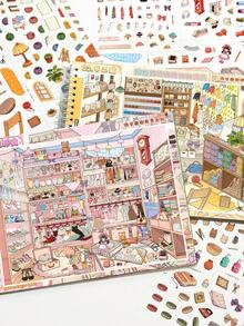 8-Piece Scene Simulation Store Sticker Collection Book, Immersive Stocking Stickers, Supermarket & Convenience Store Theme, With Positioning Lines DIY Planner & Handmade Stickers - 1 Set - View 6