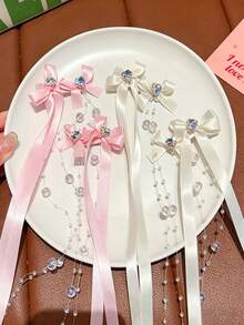 1 Pair Gentle Ins Style Sweet Satin Bow Tassel Hair Accessories, Suitable For Children, Heart Decoration Transparent Bead Ribbon, Side Clip Double Ponytail Back Head Hair Ornament, Daily/Party/Photography Multi-Purpose Accessory - Multicolor - View 4