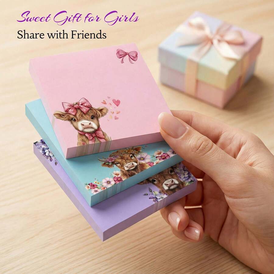 12/9/6/3/1pc Multicolor Macaron Highland Cow Cartoon Sticky Note Gift Set, 10+ Low Saturation Macaron Pastel Color Covers, Each Featuring Different Highland Cow Designs With Sunflower, Daisy, Floral, Bow, Heart And Other Fresh Floral Decorations, Soft And Healing Hand-Drawn Watercolor Style