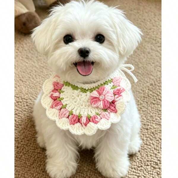 1 pieza Babero de ganchillo hecho a mano para mascotas, toalla para babas con flor de tulipán, collar para gatos con decoración de perlas, accesorio para cuello de gatitos y cachorros, babero de estilo Ins con flor de tulipán, babero universal de punto para gatos y perros, accesorio de decoración para fiesta de cumpleaños