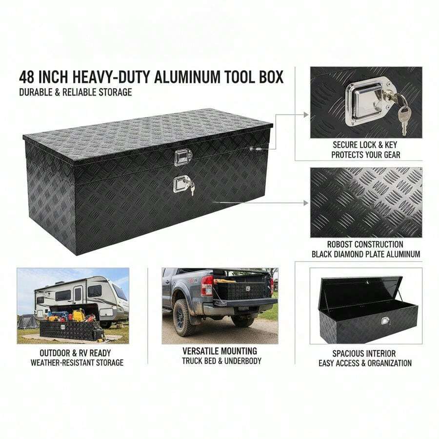 [Free Shipping] 48in Aluminum Storage Chest 48x15x15in For Truck Bed Trailer Pickup, Lockable Latch Heavy Duty Underbody Organizer Black-XY288384 - 1 - View 1