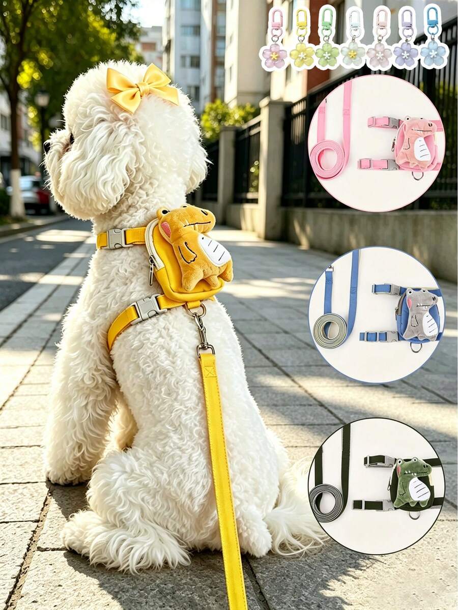 Cute 3D Plush Dinosaur Pet Harness & Leash Set, Adjustable Strap, With Storage Backpack And Keychain Pendant, Suitable For Small To Medium Cats And Dogs, Outdoor Pet Supplies - Multicolor - View 1