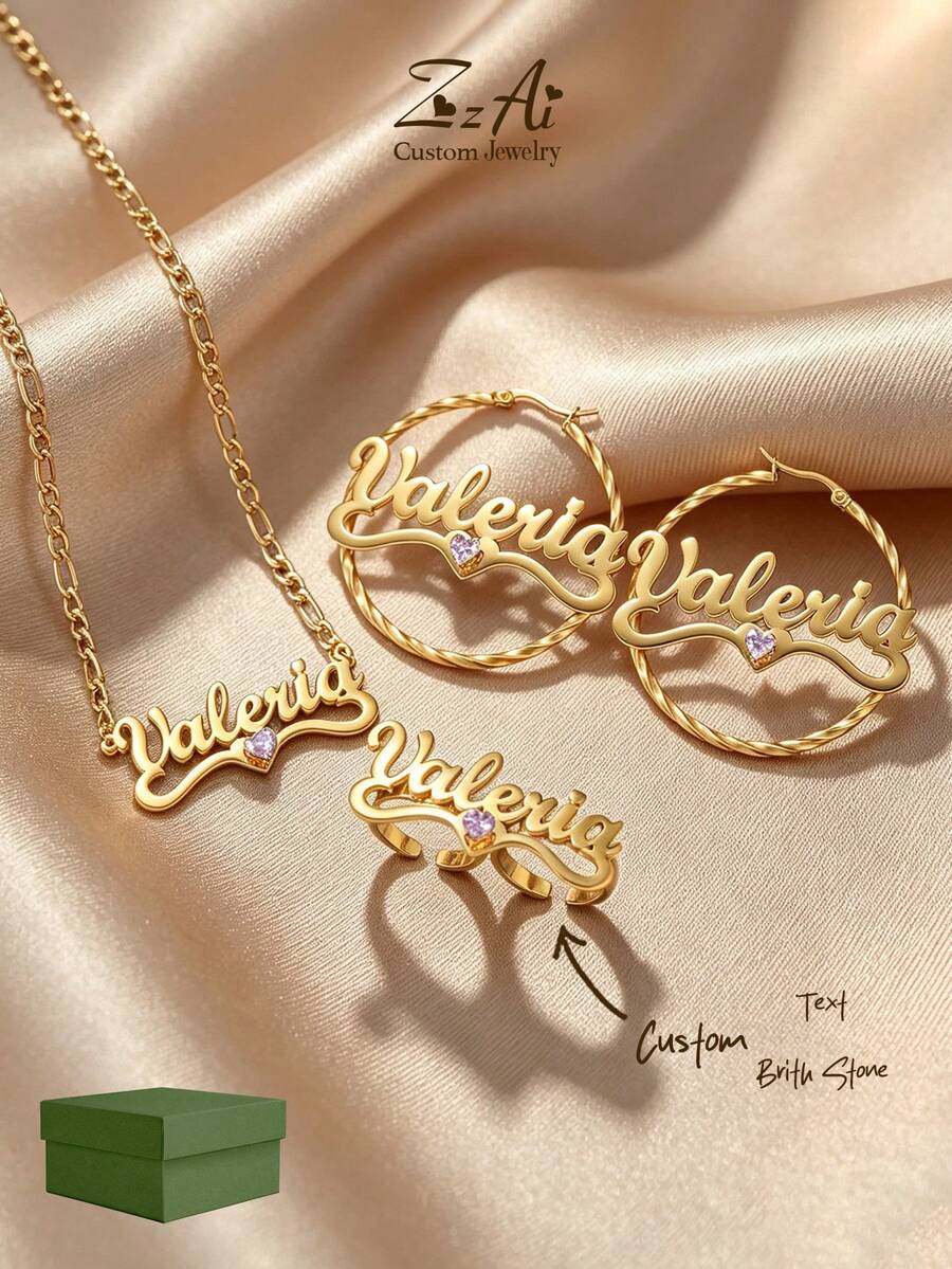 [ZzAi Custom]Personalized Birthstone Jewelry Set, Custom Ring/Necklace/Earrings-5cm, Stainless Steel Jewelry Symbolizing Unwavering Love Story, Perfect As Wedding Anniversary, Dating Anniversary, Birthday Gift Set. - Multicolor - View 1