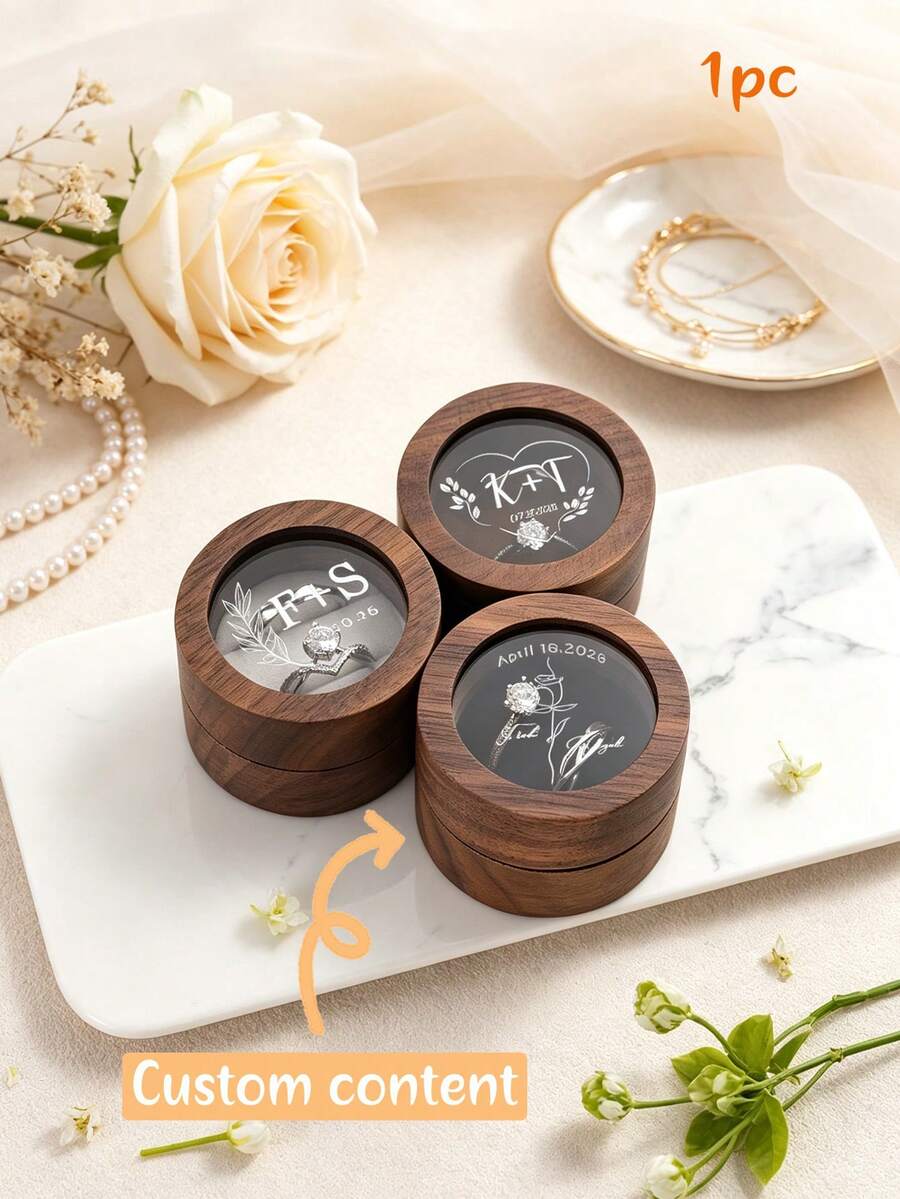 MerexSync 1pc Personalized Round Walnut Wood Ring Box With Transparent Window, Customized Laser Engraved Initials And Date, Wedding Proposal Engagement Anniversary Gift Wooden Ring Box, Wedding, Wedding Accessories, Wedding Ring Box, Souvenir, Wedding Decoration, Bride, Groom, Ring Box, Wooden Ring Box