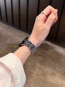 新款 PU 皮革拼接手鍊，相容 38mm 40mm 41mm 42mm 44mm 45mm 46mm 49mm 手錶錶帶，女款時尚手工錶帶，適用於 Watch Series SE 10 9 8 7 6 5 4 3 2 1 手腕帶替換 - 深藍牛仔 - 查看 6