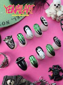 10 Peças Unhas Postiças Curtas Amendoado, Unhas Verde Preto Branco, Degradê, Mão, Teia de Aranha, Anjo, Corrente, Elegante Junk Punk Cobertura Total Acrílica Unhas Postiças Feitas à Mão, Suprimentos de Unhas de Halloween para Meninas & Mulheres, Suprimentos de Unhas para Uso Diário, Festa, Hallowmas - Preto - Visão 3
