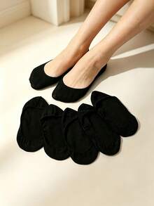 5 Pairs Women's Solid Color No-Show Boat Socks Suitable For Daily Use - Multicolor - View 3