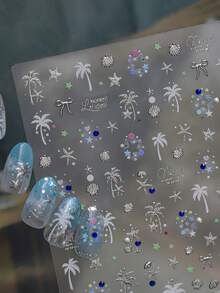 1件 5D水晶水鑽美甲貼，奢華夏季海灘風金屬貝殼美甲裝飾，自黏式可滑動美甲貼紙配件 - 銀色 - 查看 6