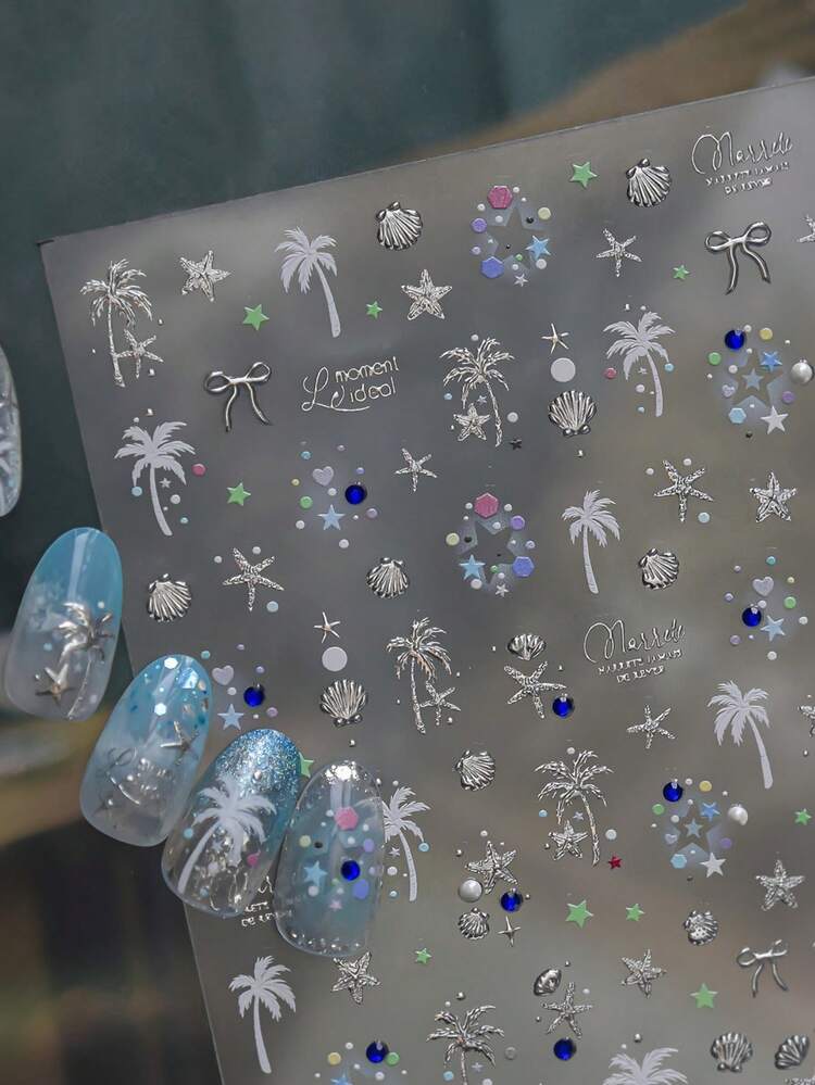 1pc 5D Crystal Rhinestone Nail Sticker, Luxury Summer Beach Vibe Metal Shell Nail Art Decor, Self-Adhesive Sliding Nail Decal Accessory Nail Stickers - Silver - View 5