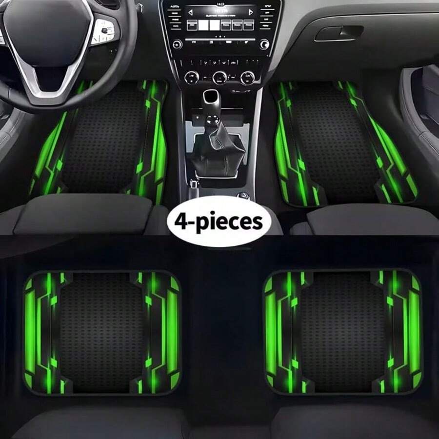 2D, 4-Piece Set High-End Tech Green Edge Background Print Car Floor Mats - Easy To Clean And Maintain, Suitable For Driver's Seat Decoration And Protection Accessories, Fashionable And Modern Interior, Enhancing Driving Pleasure And Comfort - Multicolor - View 1