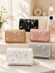 1 buah Tas Kecil Persegi dengan Penutup Bordir Bunga Segar untuk Anak Perempuan, Tali Rantai Tipis, Tas Selempang Serbaguna untuk Wanita, Tersedia Berbagai Warna, Indah dan Serbaguna - M2097 - View 1
