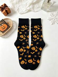 1 Pair Black Base Orange Pattern Halloween All-Over Print Mid-Calf Socks, Pumpkin Bat Spider Goblin Fun Print Party Atmosphere Unisex Slouch Socks - Multicolor - View 10