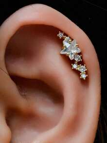 1pc 316L Surgical Grade Stainless Steel Cubic Zirconia Star Stud Earring, Elegant Flat Back Threaded Piercing Jewelry, Suitable For Cartilage Helix Tragus, 18K Gold Plated, Non-Fading, Hypoallergenic, Sleeping Earring - A Stainless Steel Round Star Earring - View 2