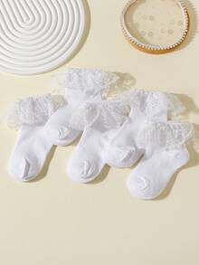 5 Pairs Girls' Sweet Cute Lace Trim White Ankle Socks, Mesh Breathable Spring/Autumn Style Student Socks, Suitable For Daily Wear And Back To School Season - White - View 4