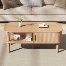 Light Wood Coffee Table 110*55*45cm From MDF, Living Room Table With Rolling Door, Open Compartments Storage - Natural - 查看 2