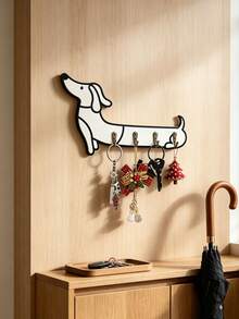 White Dachshund Wall Hook Storage Rack, Wooden Key Holder With 4 Hooks, Suitable For Bedroom And Office Decor, Modern Style Metal Clip, Housewarming Gift - Multicolor - View 4