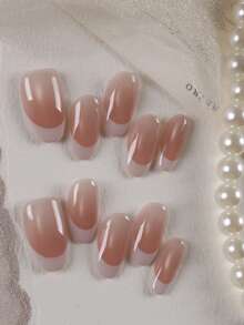 10pcs Press On Nails Pink Cat's Eye French Style Nails Press On Nail Supplies Press On Short Nails Fake Nails Office DailyWear False Nails Artificial Nails Kit Includes 1sheet Adhesive Tabs &1 Pc Mini File - Multicolor - View 1