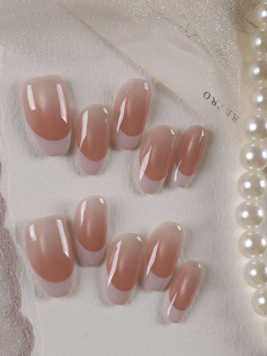 10pcs Press On Nails Pink Cat's Eye French Style Nails Press On Nail Supplies Press On Short Nails Fake Nails Office DailyWear False Nails Artificial Nails Kit Includes 1sheet Adhesive Tabs &1 Pc Mini File - Multicolor - View 1