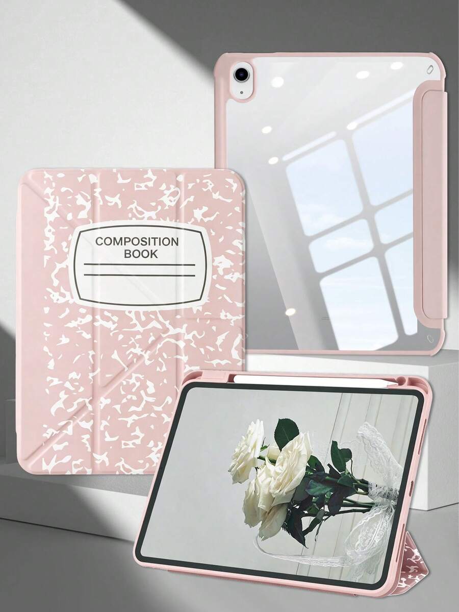 1本筆記備忘錄墊 粉色彩繪平板保護殼，相容 iPad Mini6/7/Air/Air2/9.7/10.2/10.5/10.9 (Air4-Air8)/Pro 11/10th Gen/A16/Pro 11 2024，可折疊平板保護殼 壓克力背殼 8段式支架 磁吸休眠/喚醒 內置筆槽，不含筆，部分機型附相機框