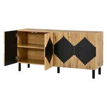 Modern Sideboard With 2 Doors - Shelf Unit With Drawers - Ribbed Pattern - Wood And Black - - Black and Natural - View 5