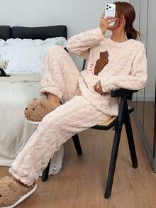 Dreamivo 2pcs/Set Women's Winter Bear Pattern Embroidered Thick Long Sleeve Long Pants Fleece Pajama Set - Apricot - View 4