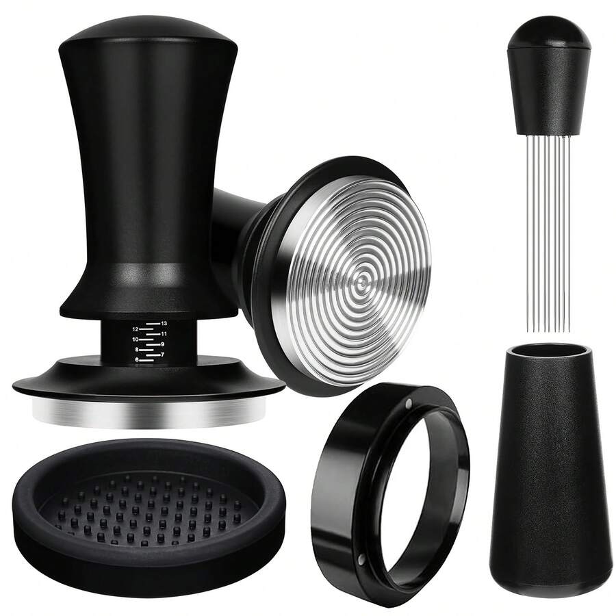 Set Alat Kopi 51/53/58MM 4 Buah, Penekan Kopi dengan Skala yang Dapat Diatur, Bantalan Pendistribusi Bubuk Gaya Tekan, Batang Pengaduk Kopi, Corong Takar Kopi, Set Alat Kopi Profesional untuk Kantor & Rumah