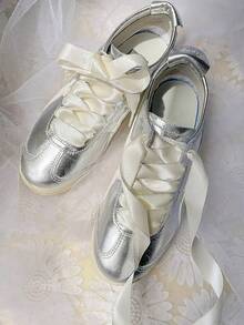 1 Pair Women Satin Shoelaces, 120cm, Pink, Korean Fashion, Niche Brand, Suitable For Sports Shoes, Casual Shoes, Flat Shoes, Canvas Shoes, Wedding Shoes And More - Beige Satin 120cm - View 2