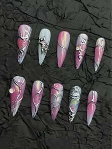 10pcs Handmade Nail Stickers, Pink Nails, Fake Nails, Summer Nails, Decorative Reusable Fake Nails, Women's Gift, Suitable For Girls And Women To Wear At Parties And Daily - Multicolor - View 3