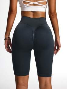 Leggings deportivos de punto sin costuras con cintura en V hasta la rodilla, cintura alta sin enrollamiento, suaves y amigables con la piel, para yoga, fitness y uso casual diario - Gris - Ver 4