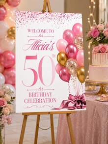 Custom Pink Birthday Party Display Board, Personalized Poster; Customizable Text Event Welcome Party Board; Balloon And Bow Decor Foam Board; Luxury Birthday Photo Prop Display Board (Stand Not Included) - Multicolor - View 2