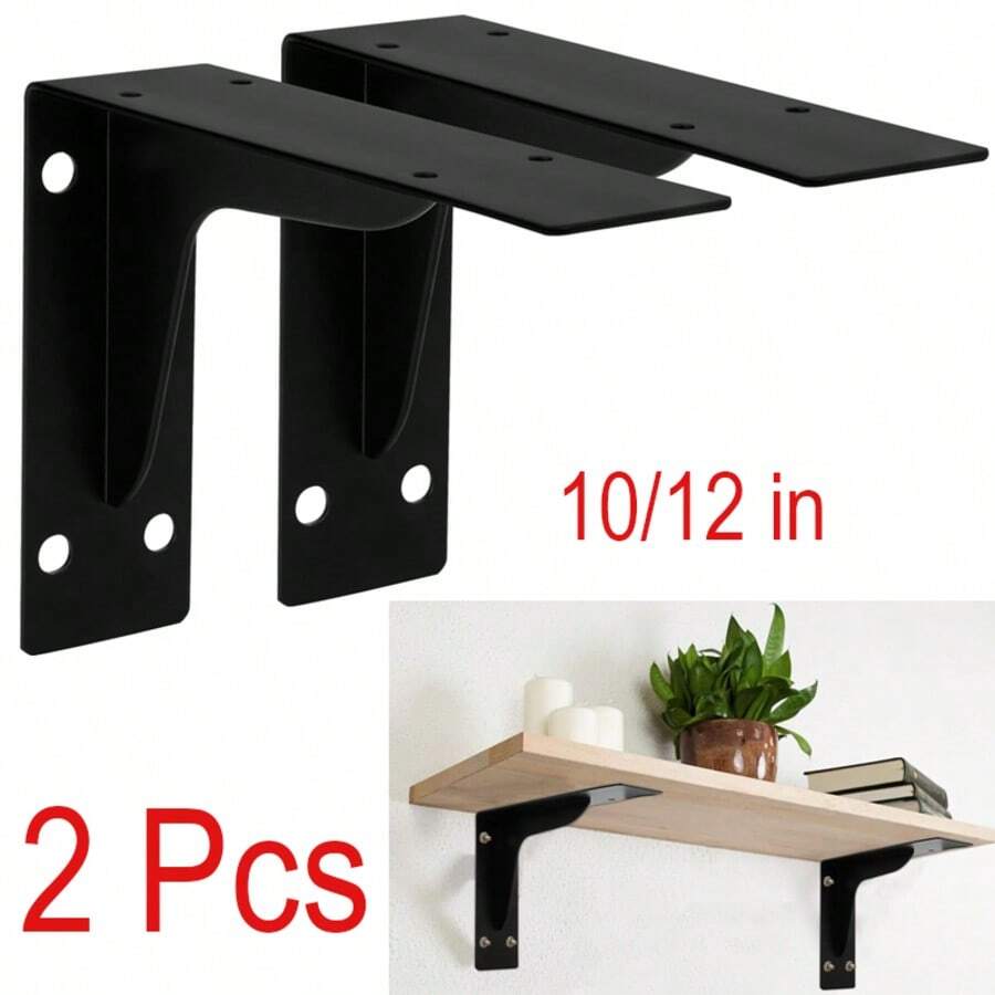 2 Pcs Floating Shelf Brackets L Bracket With Beam - Shelf Brackets Black- Heavy Duty Shelving Brackets For Floating Shelves - Wall Mounted Support For DIY (10/12 In) - View 1