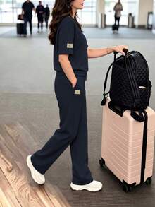 女款休閒兩件套，圓領T恤搭配微彈長褲，舒適居家服套裝，附口袋，優雅夏季款 - 藏青色 - 查看 4