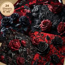 2D FLAT Baroque Relief Red & Black Rose Decorative Paper 24 Sheets 6*6 Inch Vintage Dark Pattern Scroll Black & White Rose Distressed Scrapbook Background Paper Gothic Dark Atmosphere Material Niche Vintage Scrapbook, Dark Valentine's Day Card, Decorative Painting, Anniversary Gift Wrapping DIY Material - Square - View 12