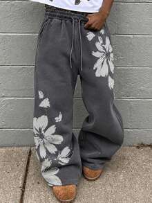Pantalon de survêtement large pour homme Fractyr, imprimé floral marguerite vintage usé, gris foncé, taille élastique à cordon de serrage, lavé, ample, style streetwear baggy - Gris foncé - Voir 2