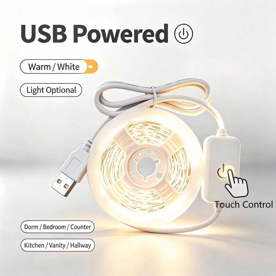 1m To 5m Indoor LED Light Strip, Dual Color Cold And Warm Options. USB Powered, Touch Button Control. Suitable For Bedroom, Mirror, Kitchen, TV Background Wall, Desk And Holiday Atmosphere. - Touch Light Strip - View 1