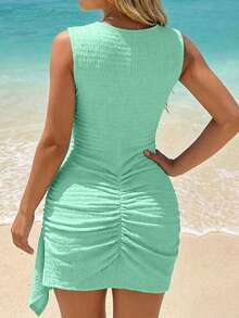 Spring/Summer Women's Sleeveless Ruched Tie Strap Metal Buckle Fitted Textured Fabric Short Dress, Beach Holiday Outfit Elegant - Mint Green - View 5