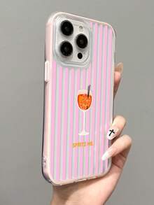 1pc Fresh Striped Orange Slice Wine Glass Slogan Pattern Colorblock 3-In-1 Pink Soft Phone Case Compatible With IPhone 11/12/13/14/15/16 Pro Max - Multicolor - View 4